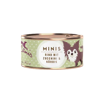 Boîte de pâtée pour chien avec texte : MINIS RIND MIT ZUCCHINI & KÜRBIS. Illustration d’un petit chien sur l’étiquette. Texte en allemand.