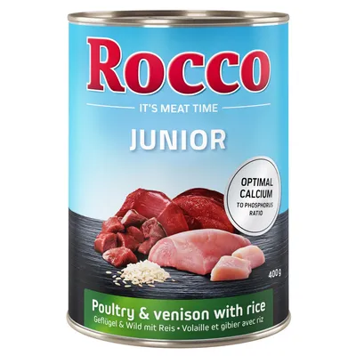 Rocco Junior nedves eledel, baromfi és vad rizzsel, optimális kalcium-foszfor arány, 400g konzerv.
