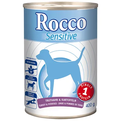 Rocco Sensitive hondenvoer, 400 g. Truthahn & Kartoffeln. Getreidefrei, hypoallergeen, kracht & energie, single protein. Tekst in Duits, Engels en Frans zichtbaar op verpakking.