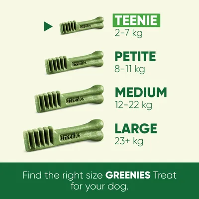 Greenies treat size guide: Teenie for 2–7 kg, Petite for 8–11 kg, Medium for 12–22 kg, Large for 23+ kg. Find the right size Greenies treat for your dog.