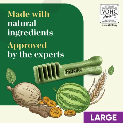 Made with natural ingredients, approved by experts. VOHC accepted for plaque and tartar control. Large size. Greenies dental treat shown with illustrated ingredients.