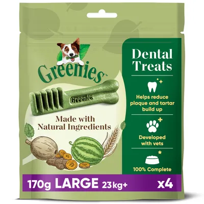 Greenies dental treats, made with natural ingredients, 170g large size for 23kg and above, pack of 4. Helps reduce plaque and tartar, developed with vets, 100% complete.