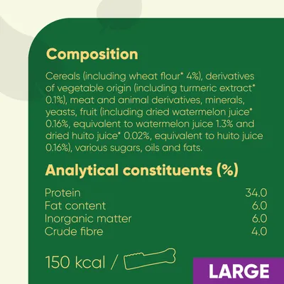 Composition: cereals, wheat flour 4%, turmeric extract 0.1%, meat and animal derivatives, minerals, yeasts, fruit, sugars, oils, fats. Protein 34%, fat 6%, fibre 4%. 150 kcal per treat. Large.
