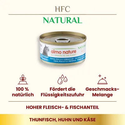 Almo Nature HFC Natural Nassfutter für Katzen, Thunfisch, Huhn und Käse. 100% natürlich, fördert Flüssigkeitszufuhr, Geschmacks-Melange, hoher Fleisch- und Fischanteil.