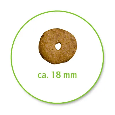 Round dry food piece with a hole in the centre, diameter approx. 18 mm.