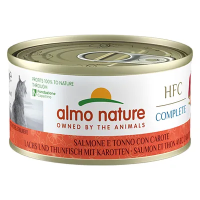 Almo Nature HFC Complete, lax och tonfisk med morötter. Profits 100% to nature durch Fondazione Capellino.