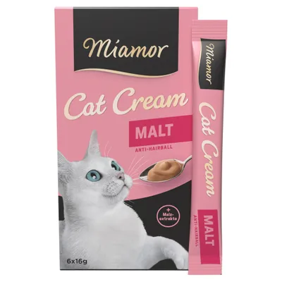Miamor Cat Cream Malt Anti-Hairball, 6x16g, mit Malzextrakten. Abbildung zeigt Verpackung und Einzelstick. Miamor Cat Cream Malt Anti-Hairball, 6x16g, mit Malzextrakten. Abbildung zeigt Verpackung und Einzelstick.