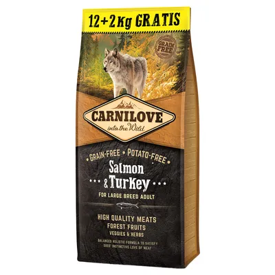 Carnilove into the Wild, 12+2 кг бесплатно, без зерна, без картофеля, лосось и индейка для крупных взрослых собак. Высококачественное мясо, лесные ягоды, овощи и травы.