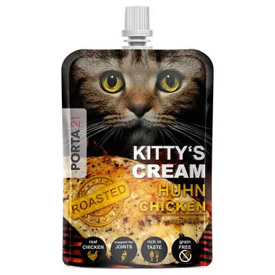 Porta21 Kitty's Cream Huhn, geröstet, zuckerfrei. Icons: echtes Huhn, Unterstützung für Gelenke, reich im Geschmack, getreidefrei.