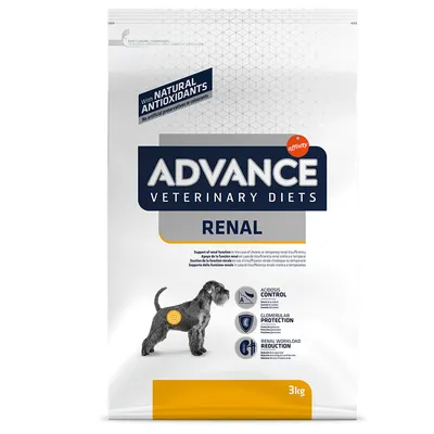 Опаковка Advance Veterinary Diets Renal за кучета, 3 кг. Видими текстове: with natural antioxidants, acidosis control, glomerular protection, renal workload reduction.