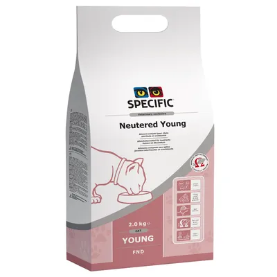 SPECIFIC Neutered Young kissanruoka, 2,0 kg. Pakkauskuvassa kissa syö kupista. Teksti: CAT YOUNG FND. Näkyvissä ravitsemustietoja ja sertifikaattimerkki.
