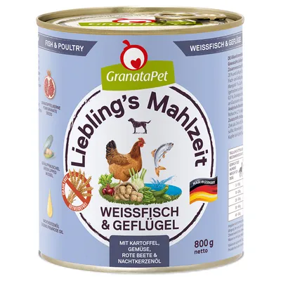 GranataPet Liebling's Mahlzeit białoryb i drób, z ziemniakiem, warzywami, burakiem i olejem z wiesiołka. Bez zbóż. Wyprodukowano w Niemczech. 800g netto.