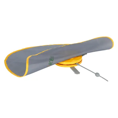 Toy for cats: yellow base with grey fabric cover and movable rod with ball. Encourages activity and play behaviour.