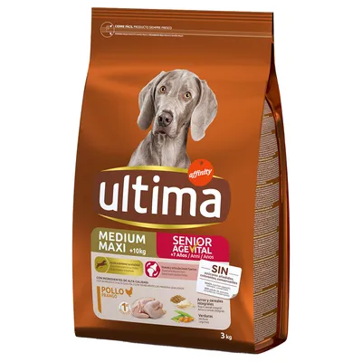 Sac de croquettes Ultima affinity pour chien senior, Medium Maxi +10 kg, saveur poulet, 3 kg. Texte visible : Senior Age Vital +7 ans, sans sucres ajoutés, colorants ni conservateurs.