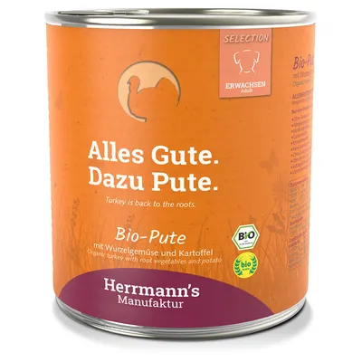 Konzerva Herrmann's Manufaktur Bio-Pute, text: Alles Gute. Dazu Pute. Bio-Pute mit Wurzelgemüse und Kartoffel, certifikát BIO, pre dospelých psov. Text v nemčine a angličtine.