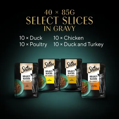Sheba Select Slices in Gravy, 40 x 85g pouches: 10 Duck, 10 Poultry, 10 Chicken, 10 Duck and Turkey. Image shows four pouch varieties with product names.