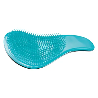 Tyrkysový kartáč s flexibilními plastovými štětinami, ergonomický design pro péči o srst.