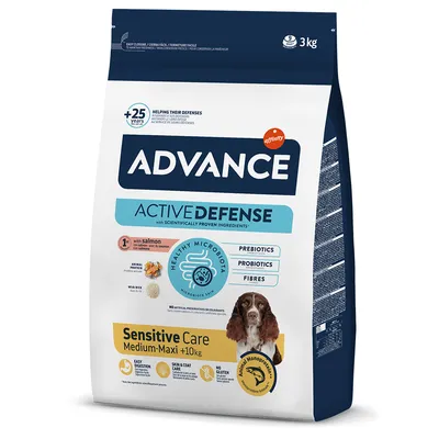 Advance Sensitive Care Medium-Maxi +10kg mit Lachs und Reis, Active Defense mit Präbiotika, Probiotika, Fasern. Für leichte Verdauung, Haut- und Fellpflege, ohne Gluten. 3kg Packung.