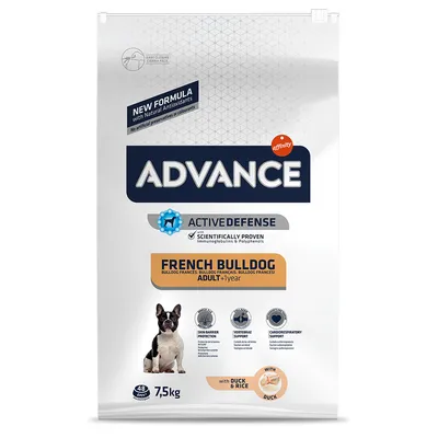 Advance Active Defense karma dla psów French Bulldog Adult od 1 roku, z kaczką i ryżem, 7,5 kg. Nowa formuła z naturalnymi przeciwutleniaczami, bez sztucznych konserwantów i barwników.