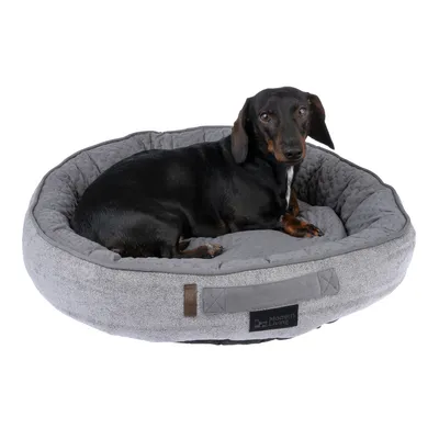 Graues Hundebett mit gepolsterter Liegefläche, Marke Modern Living. Abgebildet ist ein kleiner schwarzer Hund, der im Bett liegt.