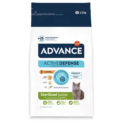 Advance Active Defense Sterilized Junior krmivo pro kočky, 1,5 kg, s kuřecím, prebiotiky a vlákninou. Pro sterilizované kočky do 24 měsíců. Podporuje zdravou mikrobiotu a ideální kondici.