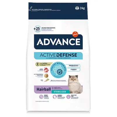 Advance Active Defense krmivo pro kočky, Hairball Sterilized, s krůtou, prebiotiky a vlákninou. Pro kastrované kočky 2–10 let. Kontrola hmotnosti, péče o srst, kontrola bezoárů.