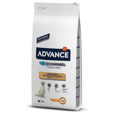 Sacco da 12 kg di crocchette Advance Active Defense Labrador & Golden Retriever Adult +1 year, con pollo. Testo visibile: New Formula, Scientifically Proven, Cardiovascular Support.