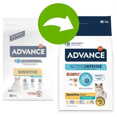 Dvě balení krmiva pro kočky Advance Active Defense Sensitive Sterilized 3 kg, starý a nový design obalu, s vyobrazením kočky a klíčových informací o složení na přední straně.