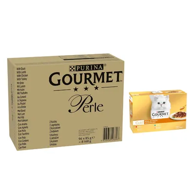 96 x 85 г Мегаупаковка Gourmet Perle + влажный корм, 24 x 85 г в подарок!