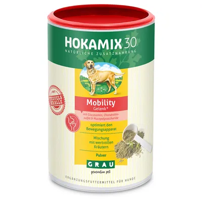 HOKAMIX 30 Mobility αρθρώσεις, συμπληρωματική τροφή για σκύλους. Με αρπαγόφυτο, γλυκοζαμίνη, θειική χονδροϊτίνη και μείγμα βοτάνων. Βελτιστοποιεί το μυοσκελετικό, σκόνη από GRAU.