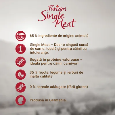Purizon Single Meat. 65 % ingrediente de origine animală, o singură sursă de carne, bogată în proteine, 35 % fructe, legume și ierburi, fără cereale adăugate, produsă în Germania.