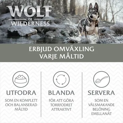 Wolf of Wilderness. Erbjud omväxling varje måltid. Utfodra som en komplett och balanserad måltid, blanda för att göra torrfodret attraktivt, servera som belöning emellanåt.