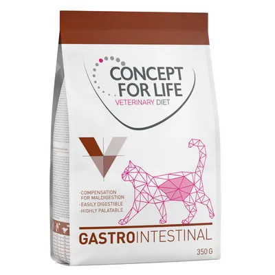 Concept for Life Veterinary Diet GASTROINTESTINAL 350 g, envase con ilustración de gato y texto en inglés: compensation for maldigestion, easily digestible, highly palatable.