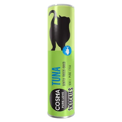 Cosma Pure Love Snackies TUNA, gently freeze-dried, 100% pure fish. Grøn tube med sort kattefigur og fiskesymbol.