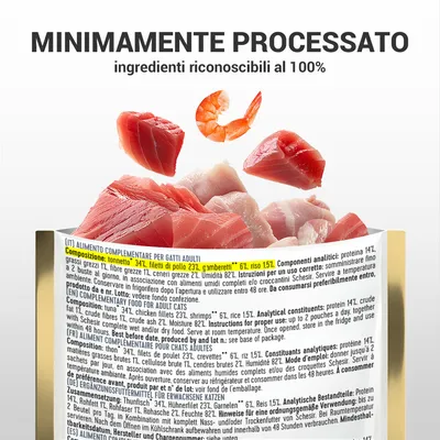 Testo: 'MINIMAMENTE PROCESSATO, ingredienti riconoscibili al 100%'. Etichetta visibile con composizione: tonnetto 34%, filetti di pollo 23%, gamberetti 6%, riso 15%.
