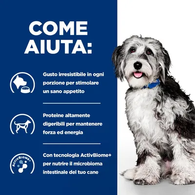 COME AIUTA: Gusto irresistibile in ogni porzione, proteine altamente digeribili, tecnologia ActivBiome+ per nutrire il microbioma intestinale del cane.