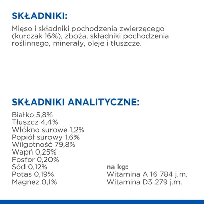 Składniki: mięso i składniki pochodzenia zwierzęcego (kurczak 16%), zboża, składniki roślinne, minerały, oleje, tłuszcze. Analiza: białko 5,8%, tłuszcz 4,4%, wilgotność 79,8%.