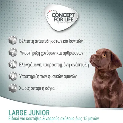 CONCEPT FOR LIFE. Βέλτιστη ανάπτυξη οστών και δοντιών, υποστήριξη χόνδρων και αρθρώσεων, ελεγχόμενη ανάπτυξη, υποστήριξη φυσικών αμυνών, χωρίς σιτάρι ή σόγια. LARGE JUNIOR έως 15 μηνών.