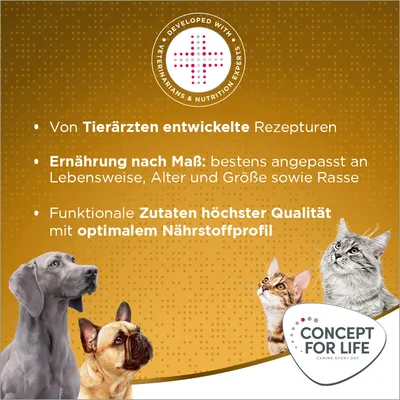 Von Tierärzten entwickelte Rezepturen. Ernährung nach Mass: angepasst an Lebensweise, Alter, Grösse und Rasse. Funktionale Zutaten höchster Qualität mit optimalem Nährstoffprofil.