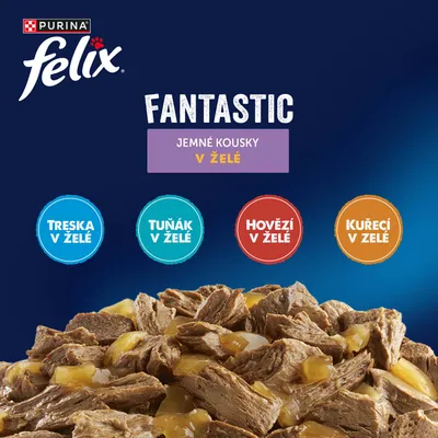 Purina Felix Fantastic, jemné kúsky v želé. Varianty: treska v želé, tuniak v želé, hovädzie v želé, kuracie v želé.