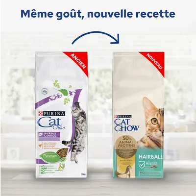 Comparaison des anciens et nouveaux emballages Purina Cat Chow Hairball, texte visible : « Même goût, nouvelle recette », « 50 % animal proteins », « Hairball », « ancien », « nouveau »