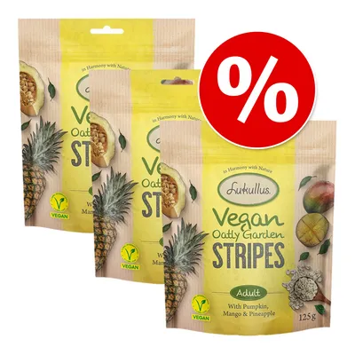 Lucullus Vegan Oatly Garden Stripes Adult, avec potiron, mangue et ananas, 125g. Sceau vegan visible. Symbole de réduction (%) en haut à droite.