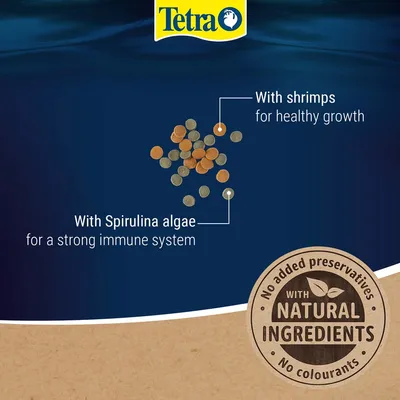 Tetra. With shrimps for healthy growth. With Spirulina algae for a strong immune system. No added preservatives, with natural ingredients, no colourants.