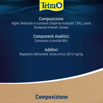 Tetra. Composizione: alghe, molluschi e crostacei (daphnie essiccate 7,6%), lieviti, minerali, cereali. Contenuto di umidità 86%. Acido citrico 2.612 mg/kg. Tetra. Composizione: alghe, molluschi e crostacei (daphnie essiccate 7,6%), lieviti, minerali, cereali. Contenuto di umidità 86%. Acido citrico 2.612 mg/kg.