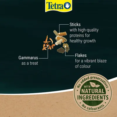 Tetra. Sticks with high-quality proteins for healthy growth, flakes for a vibrant blaze of colour, gammarus as a treat. No added preservatives, with natural ingredients, no colourants.