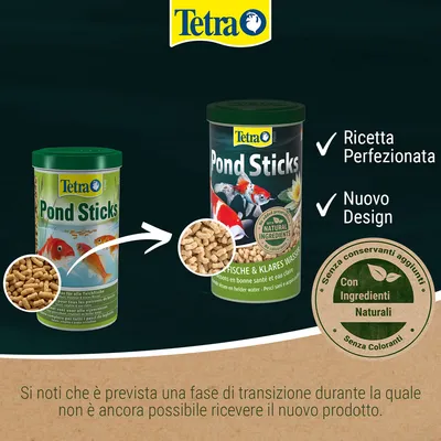 Tetra Pond Sticks, confronto tra vecchio e nuovo design della confezione. Testo visibile: Ricetta Perfezionata, Nuovo Design, Con Ingredienti Naturali, Senza conservanti aggiunti, Senza coloranti.
