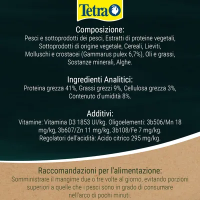 Tetra. Composizione: pesce, proteine vegetali, cereali, lievito, Gammarus pulex 6,7%, oli, minerali, alghe. Componenti analitici: proteine 41%, grassi 9%, fibra grezza 3%, umidità 8%. Additivi: vitamina D3, manganese, zinco, ferro, acido citrico. Tetra. Composizione: pesce, proteine vegetali, cereali, lievito, Gammarus pulex 6,7%, oli, minerali, alghe. Componenti analitici: proteine 41%, grassi 9%, fibra grezza 3%, umidità 8%. Additivi: vitamina D3, manganese, zinco, ferro, acido citrico.