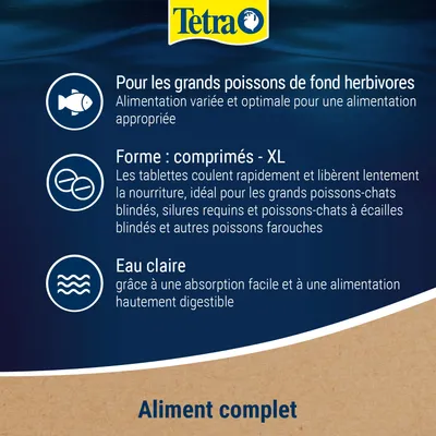 Tetra. Pour les grands poissons herbivores de fond, en forme de comprimés xl, assure une eau claire grâce à une absorption facile et une haute digestibilité. Aliment complet. Tetra. Pour les grands poissons herbivores de fond, en forme de comprimés xl, assure une eau claire grâce à une absorption facile et une haute digestibilité. Aliment complet.