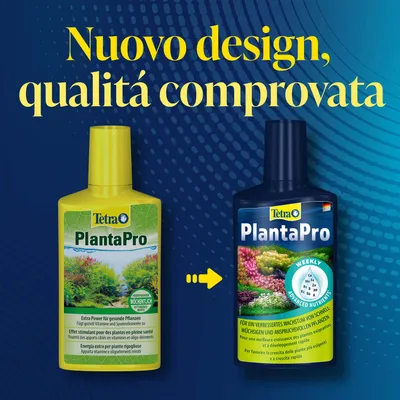 Tetra PlantaPro bottiglie nel vecchio e nuovo design. Testo: Nuovo design, qualità comprovata. Per una crescita migliorata delle piante a crescita rapida e delle piante esigenti. Tetra PlantaPro bottiglie nel vecchio e nuovo design. Testo: Nuovo design, qualità comprovata. Per una crescita migliorata delle piante a crescita rapida e delle piante esigenti.