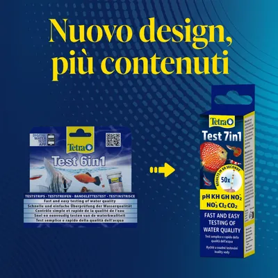 Confronto tra le confezioni Tetra Test 6in1 e Tetra Test 7in1. Nuovo design, più contenuti. Strisce reattive per un rapido controllo della qualità dell'acqua.